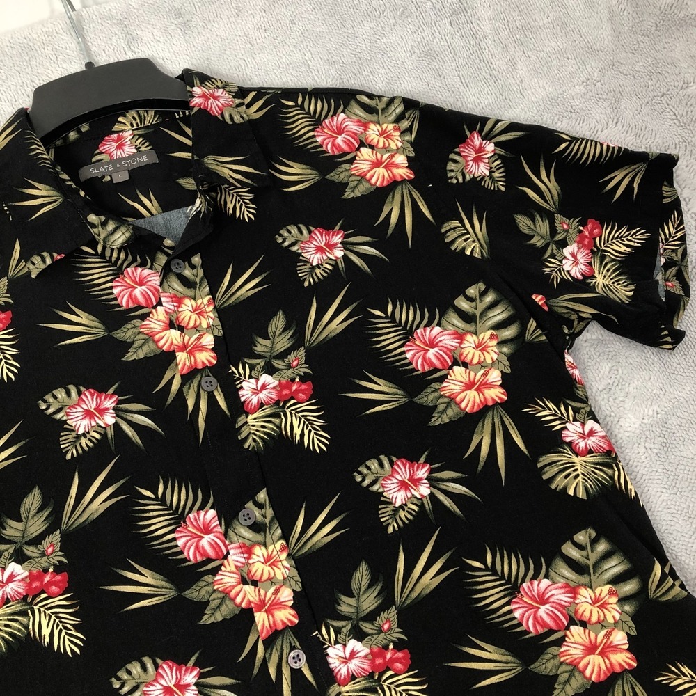 Slate & Stone Shirt Men's Large Black Floral AOP Hawaiian Short Sleeve Button Up